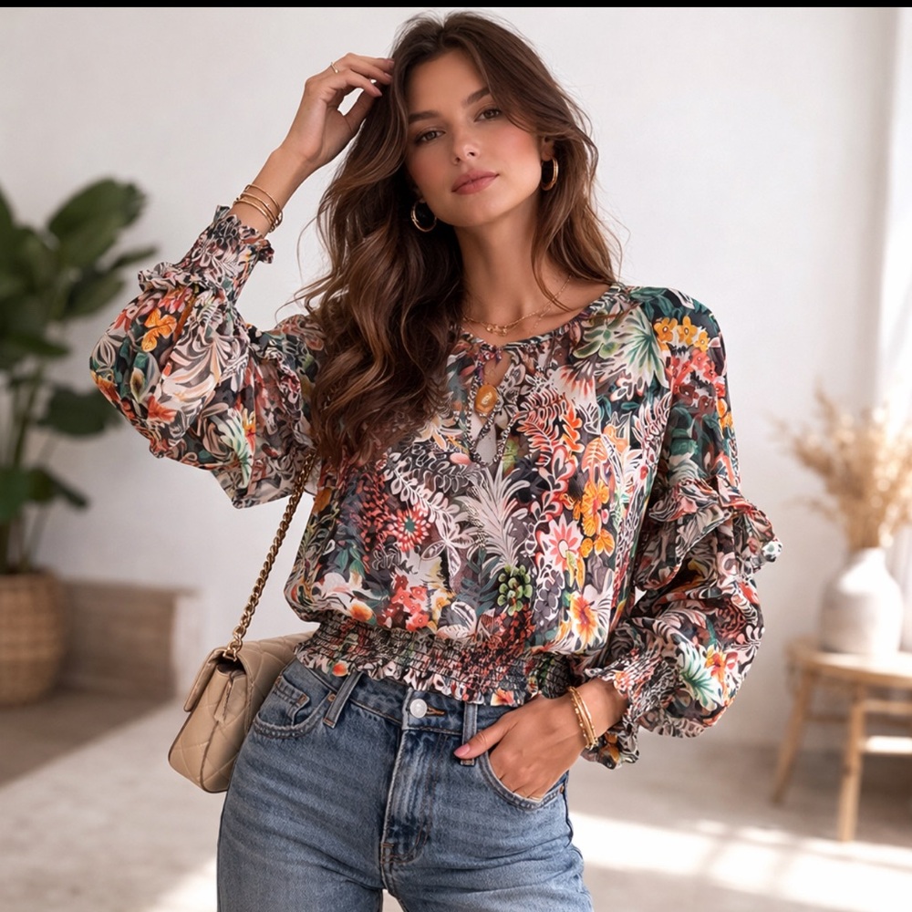 EUC Sheer Womens Top Floral Red and Orange Ruffled Relaxed Blouse size medium